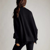 Women Autumn and Winter Loose Knitting Long Sleeve Slit Round Neck Sweater