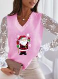 Christmas Women Printed Lace Sleeve Top