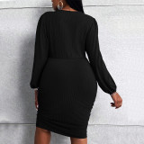 Plus Size Women V Neck Black Puff Sleeve Bodycon Dress