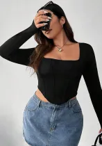 Plus Size Women Square Neck Solid Basic Irregular Top