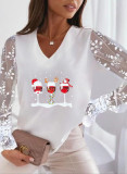 Christmas Women Style Printed Lace Long Sleeve T-Shirt