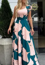 Women Apricot Leaf Floral One Shoulder Ruffle Holidays Dress