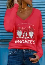 Christmas Women Letter Printed V-Neck Long Sleeve T-Shirt