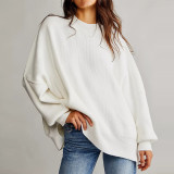 Women Autumn and Winter Loose Knitting Long Sleeve Slit Round Neck Sweater