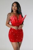 Women Feather Sequins Sexy Bodycon Dress
