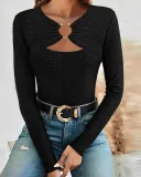 Women Solid lace Elegant Cut Out Long Sleeve T-Shirt