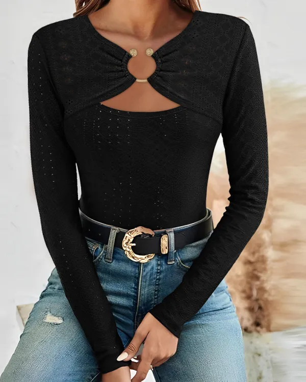 Women Solid lace Elegant Cut Out Long Sleeve T-Shirt