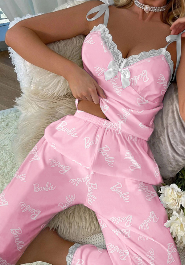 Women lace lace suspender print Loungewear pajamas two-piece set