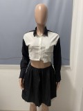 Women Turndown Collar pocket sexy contrast striped shirt and pleated skirt two-piece set