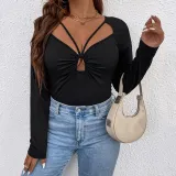 Plus Size Women's Lace-Up Pleated Hollow Long Sleeve T-Shirt Sexy Chic Top