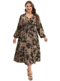 V Neck Slim Waist Chic Slim Fit Floral Plus Size Dress