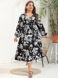 V Neck Slim Waist Chic Slim Fit Floral Plus Size Dress