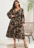 V Neck Slim Waist Chic Slim Fit Floral Plus Size Dress