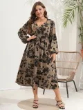 V Neck Slim Waist Chic Slim Fit Floral Plus Size Dress