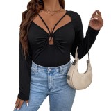 Plus Size Women's Lace-Up Pleated Hollow Long Sleeve T-Shirt Sexy Chic Top