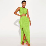 Summer Women's Sleeveless Top Slit Long Skirt Two-Piece Set