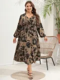 V Neck Slim Waist Chic Slim Fit Floral Plus Size Dress