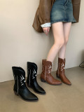 Brown Embroidered Pointed Toe Thick Heel Western Boots For Women Autumn And Winter Slim Fit Martin Boots