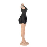 Women'S Solid Fringed Lace Sleeveless Bodysuit Shorts Two-Piece Set