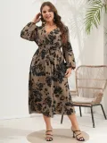 V Neck Slim Waist Chic Slim Fit Floral Plus Size Dress