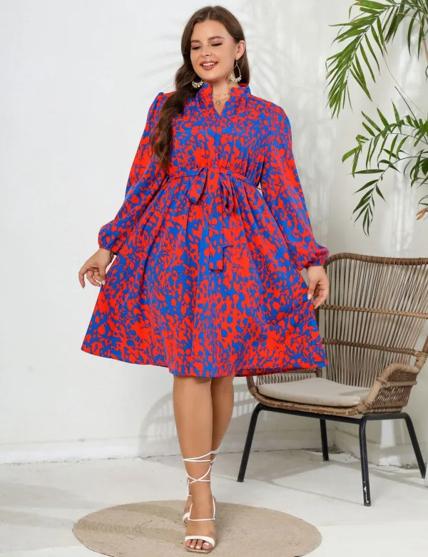 Autumn Dress Printed Long Sleeve V Neck Plus Size Women's Dress