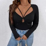 Plus Size Women's Lace-Up Pleated Hollow Long Sleeve T-Shirt Sexy Chic Top