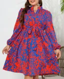 Autumn Dress Printed Long Sleeve V Neck Plus Size Women's Dress