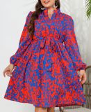 Autumn Dress Printed Long Sleeve V Neck Plus Size Women's Dress