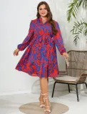 Autumn Dress Printed Long Sleeve V Neck Plus Size Women's Dress