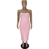 Women's Fashion Solid Color Strapless High Stretch Dress (With Pockets)