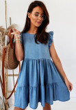 Spring And Summer Casual Career Solid Color Round Neck Loose Medium Denim Dress