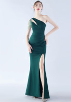Women Elegant Beaded Satin One Shoulder Slash Shoulder Formal Party Maxi Evening Dress