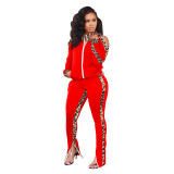 Women off-shoulder sports leopard print Patchwork contrast top and pant two-piece set