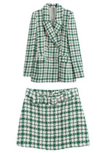 Women Autumn Loose Plaid Blazer and Belted Skirt Two-piece Set