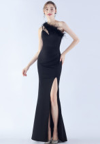 Women Elegant Ostrich Feather Formal Party Evening Dress