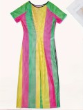 Plus Size Women Short Sleeve Striped Mesh Slit Dress