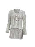 Women Casual Knitting Long Sleeve Top and Mini Skirt Two-piece Set