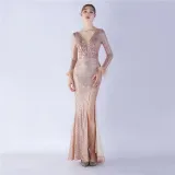 Women Elegant Ostrich Feather Long Sleeve Sequined Formal Party Evening Dress