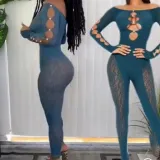Women Off Shoulder Cut Out Long Sleeve Jumpsuit
