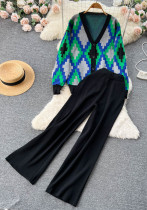 Women Casual Contrast color knitting V-neck jacquard cardigan sweater + wide-leg pants two-piece set