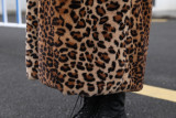 Women Leopard Turndown Collar Furry Long Coat