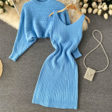 Women French sexy Bodycon Strap Dress +and loose knitting sweater two-piece set