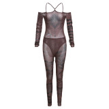 Autumn Women sexy Off Shoulder Mesh printed Bodysuit and trousers two-piece set