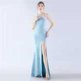Women Elegant Beaded Ostrich Feather Satin Formal Party Maxi Evening Dress
