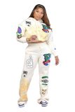 Women Casual Printed Long Sleeve Hoodies Top and Pant Two-piece Set
