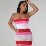 Summer Women Sexy Strapless Backless Color Block Lace Knitting Dress