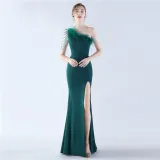 Women Elegant Beaded Ostrich Feather Satin Formal Party Maxi Evening Dress