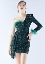 Women Elegant Ostrich Feather Formal Party Mini Evening Dress