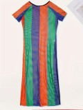 Plus Size Women Short Sleeve Striped Mesh Slit Dress