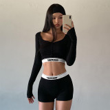 Women sexy long-sleeved crop T-shirt and high-waisted shorts two-piece set